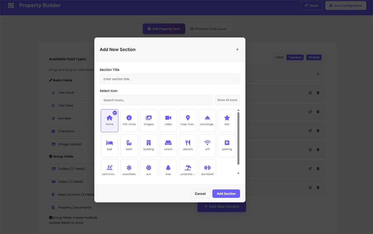 Flexible Property Sections & Fields Builder