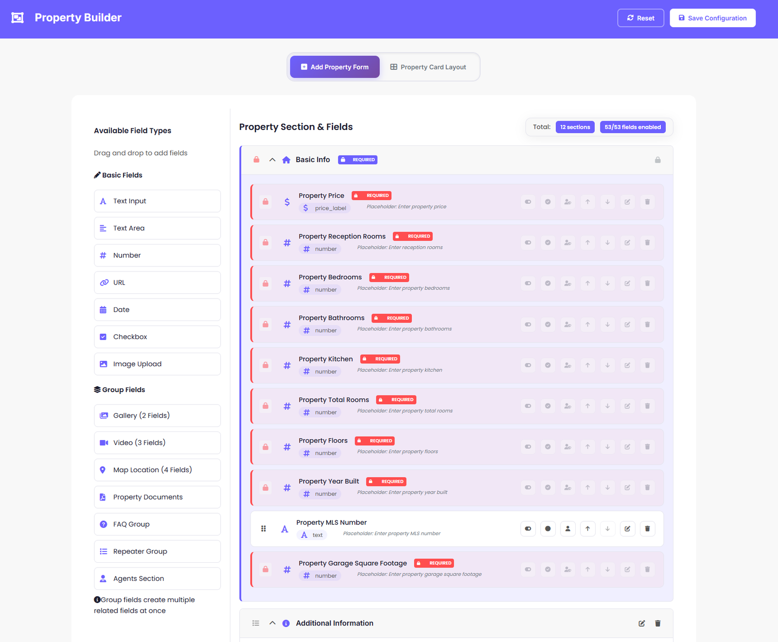 Havenlytics Property Builder for creating custom property fields, metaboxes, repeater fields, group fields, and property card layouts