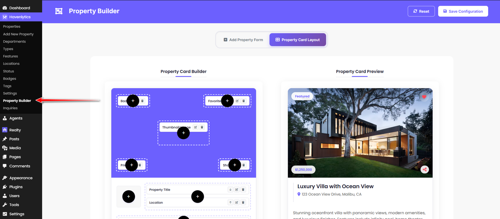 Havenlytics Property Builder for creating custom property sections, fields, repeater fields, and property card layouts