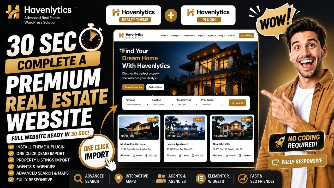 Havenlytics Quick Property Setup wizard for configuring a WordPress real estate website