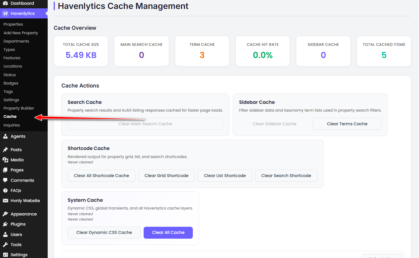 Havenlytics performance settings for property cache, search optimization, and shortcode caching