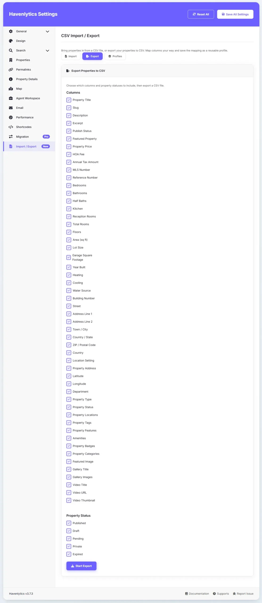 CSV export screen with property field selection and status filters.