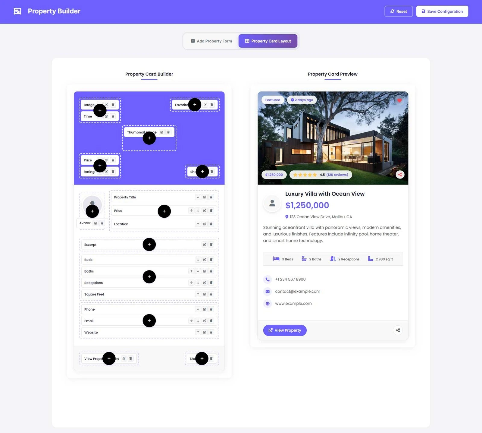 Havenlytics Property Builder layout editor with a field being repositioned