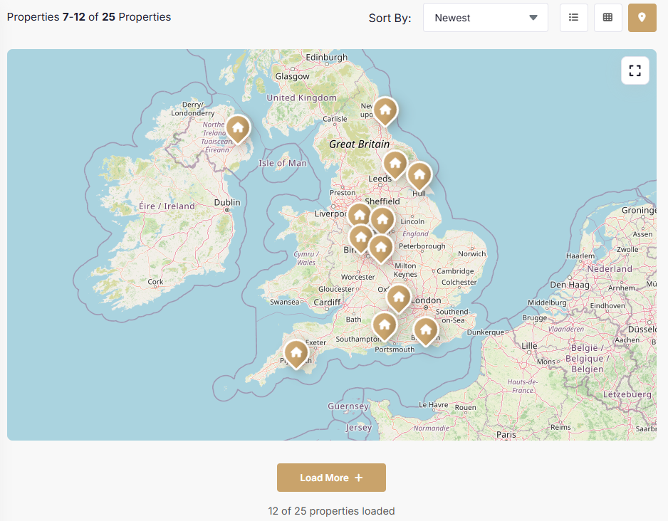 Havenlytics Property Maps interface showing Leaflet OpenStreetMap, Google Maps, marker clustering, custom markers, and interactive property locations