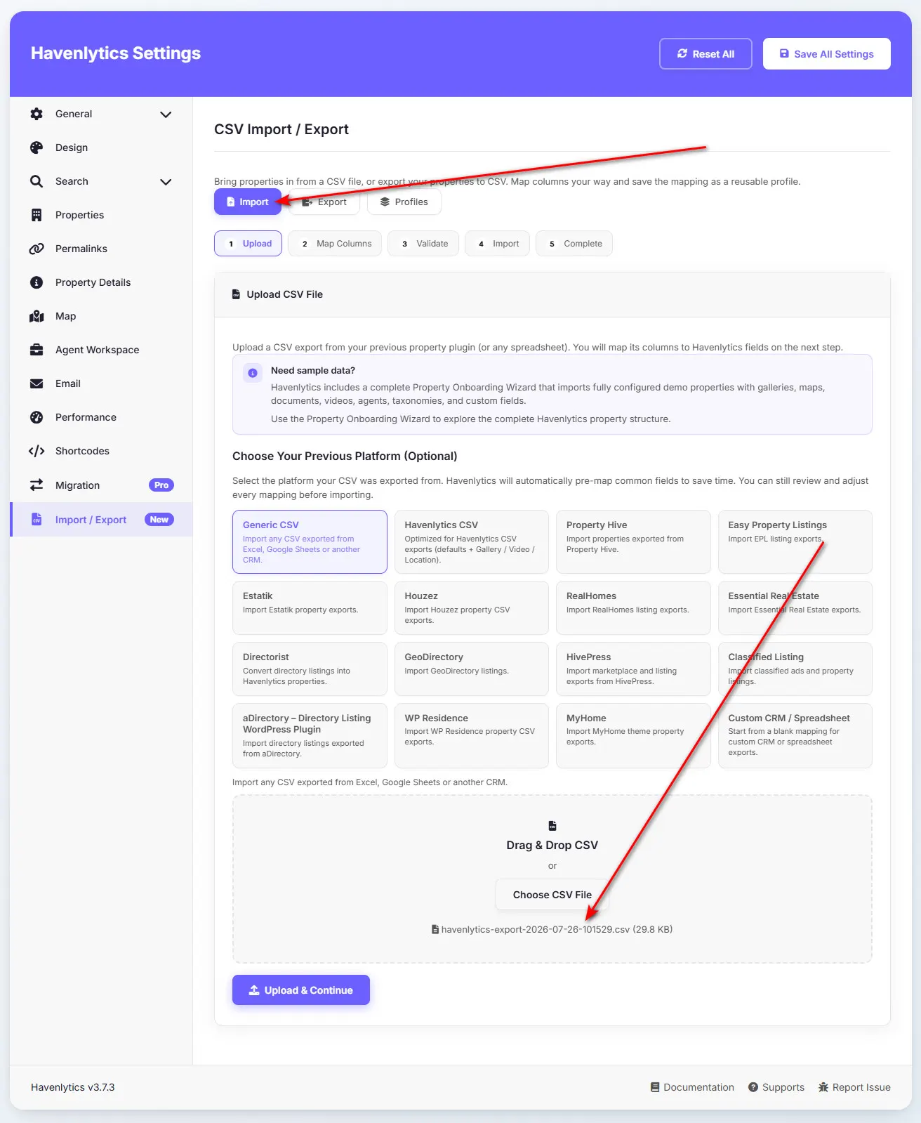 Havenlytics Import and Export dashboard with Import, Export, and Profiles tabs.