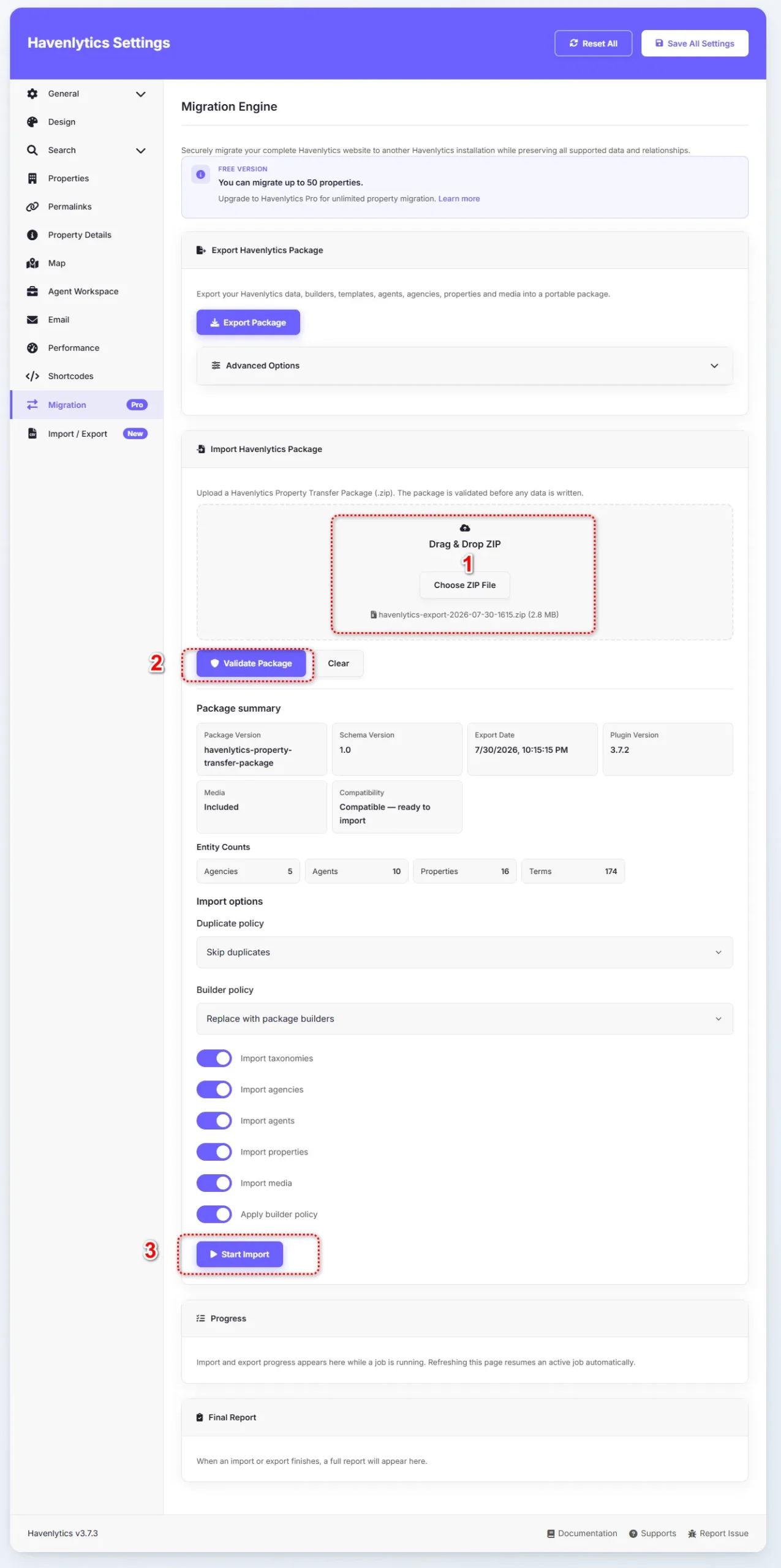 Import Havenlytics Package upload area for ZIP migration packages.
