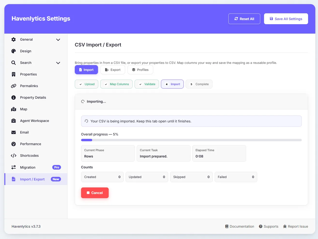 Import progress screen displaying the current CSV import status.