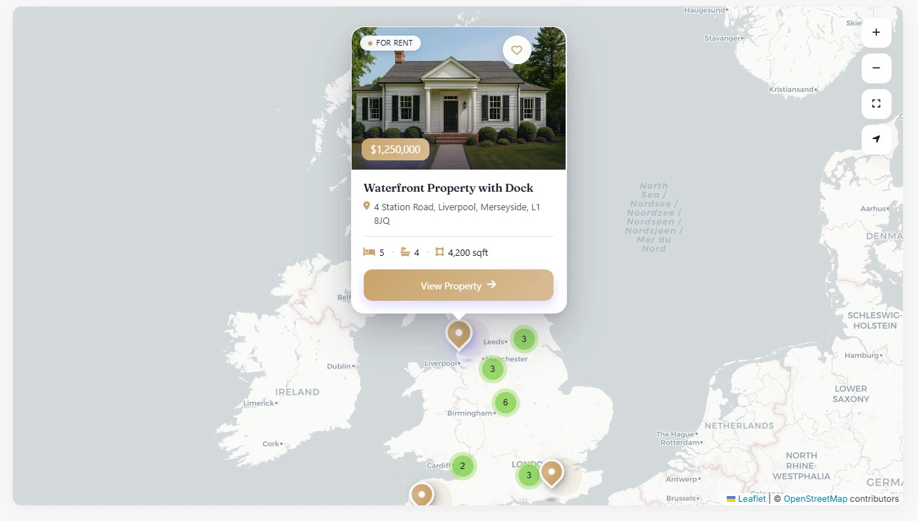 Interactive map view with property markers and a synchronized results list