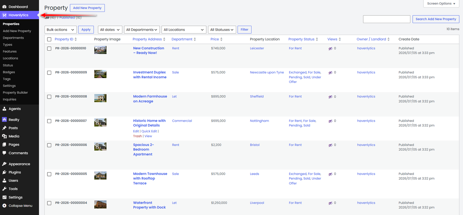Havenlytics WordPress dashboard for managing property listings, agents, agencies, and real estate inquiries