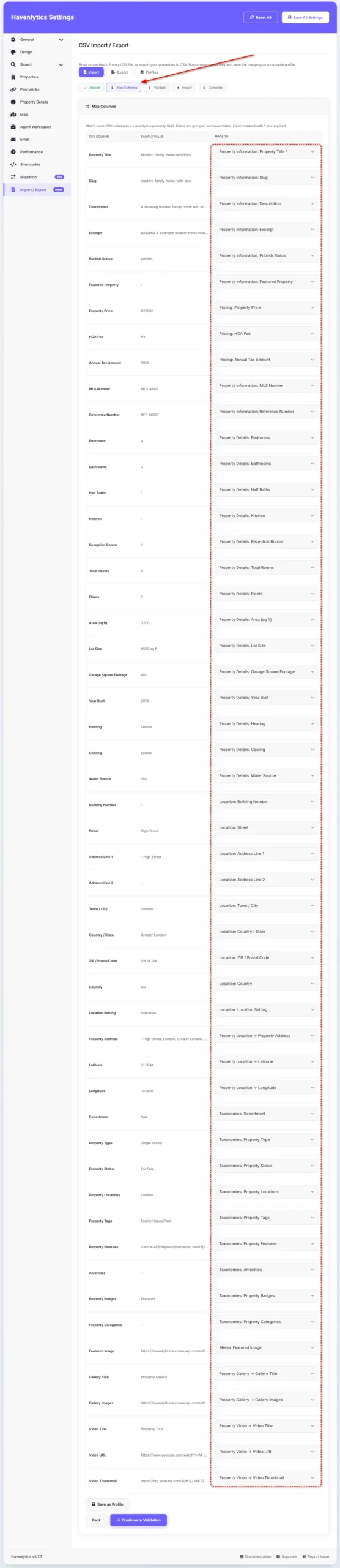 Column mapping interface displaying CSV columns, sample values, and Havenlytics field mapping options.