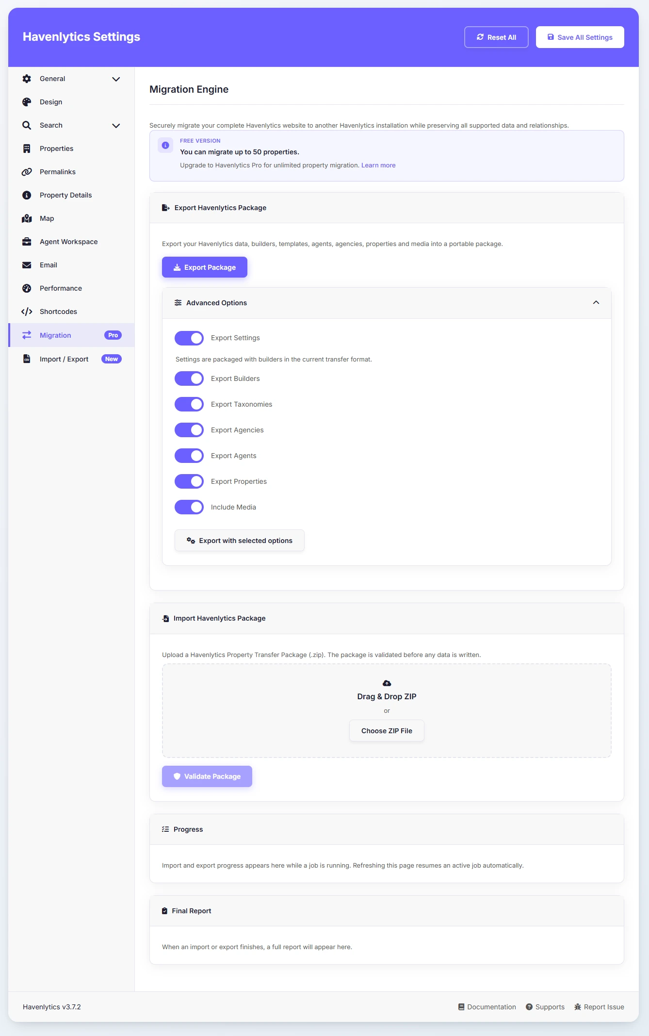 Migration Engine import screen in Havenlytics with source selection and progress indicator