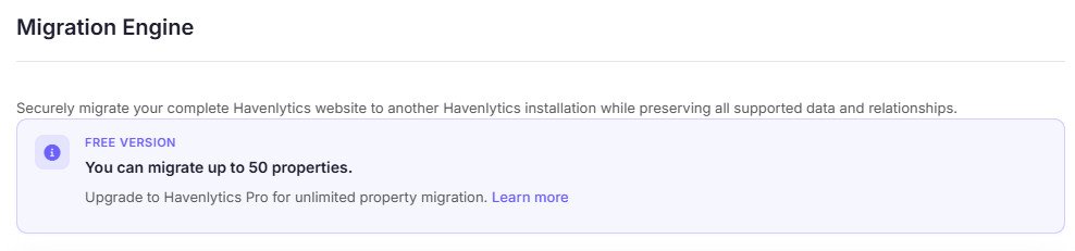 Migration page displaying the free version 50-property migration limit.
