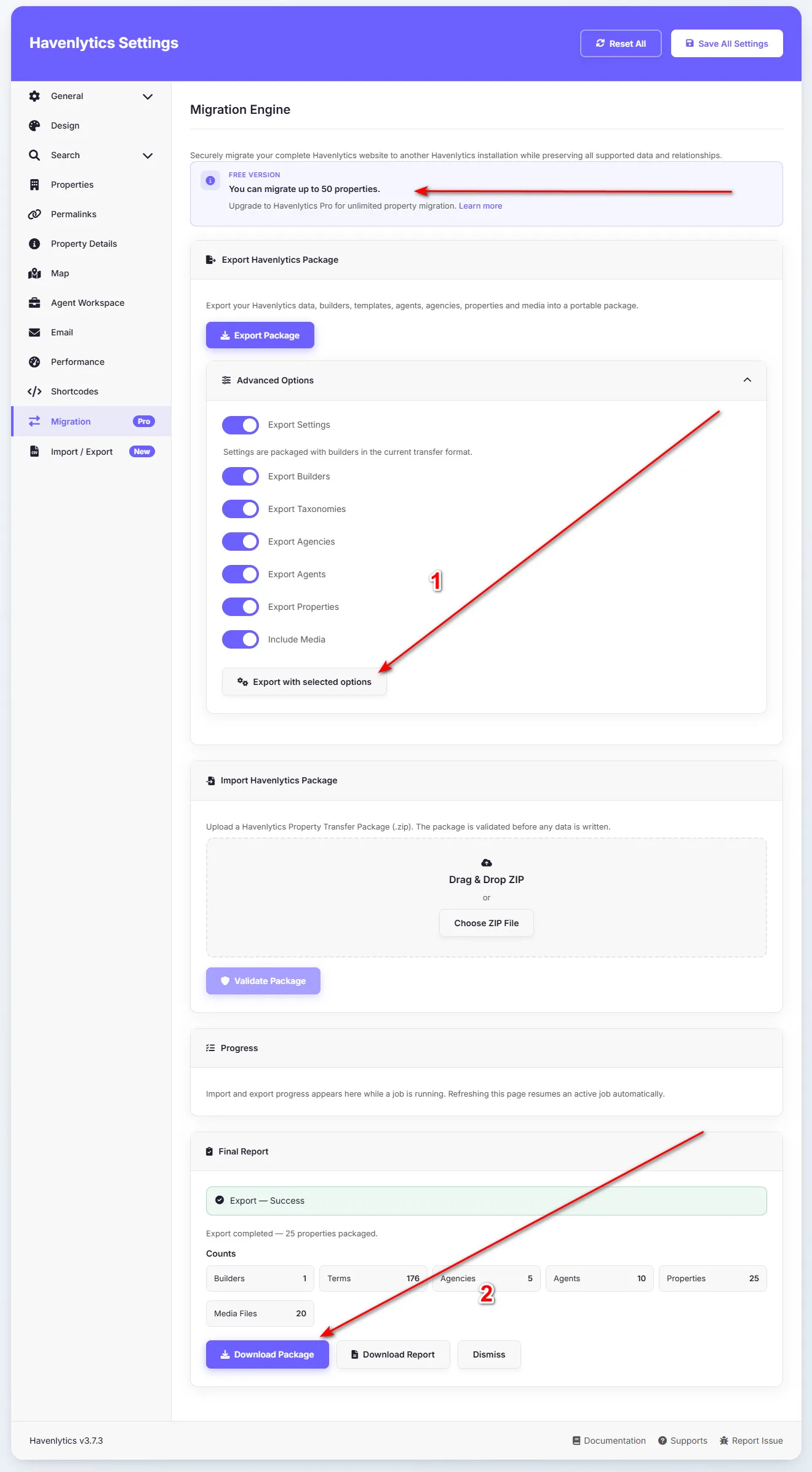 Export Havenlytics Package section with Export Package button and Advanced Options.