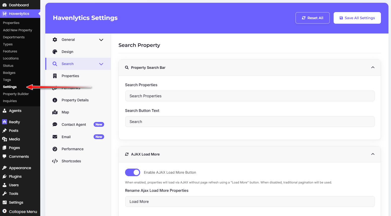 Havenlytics settings panel with general, design, search, maps, property, email, and performance options