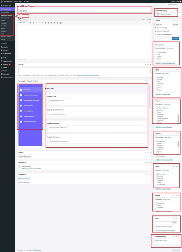 Property listing editor in Havenlytics with property type, status, and location taxonomy panels