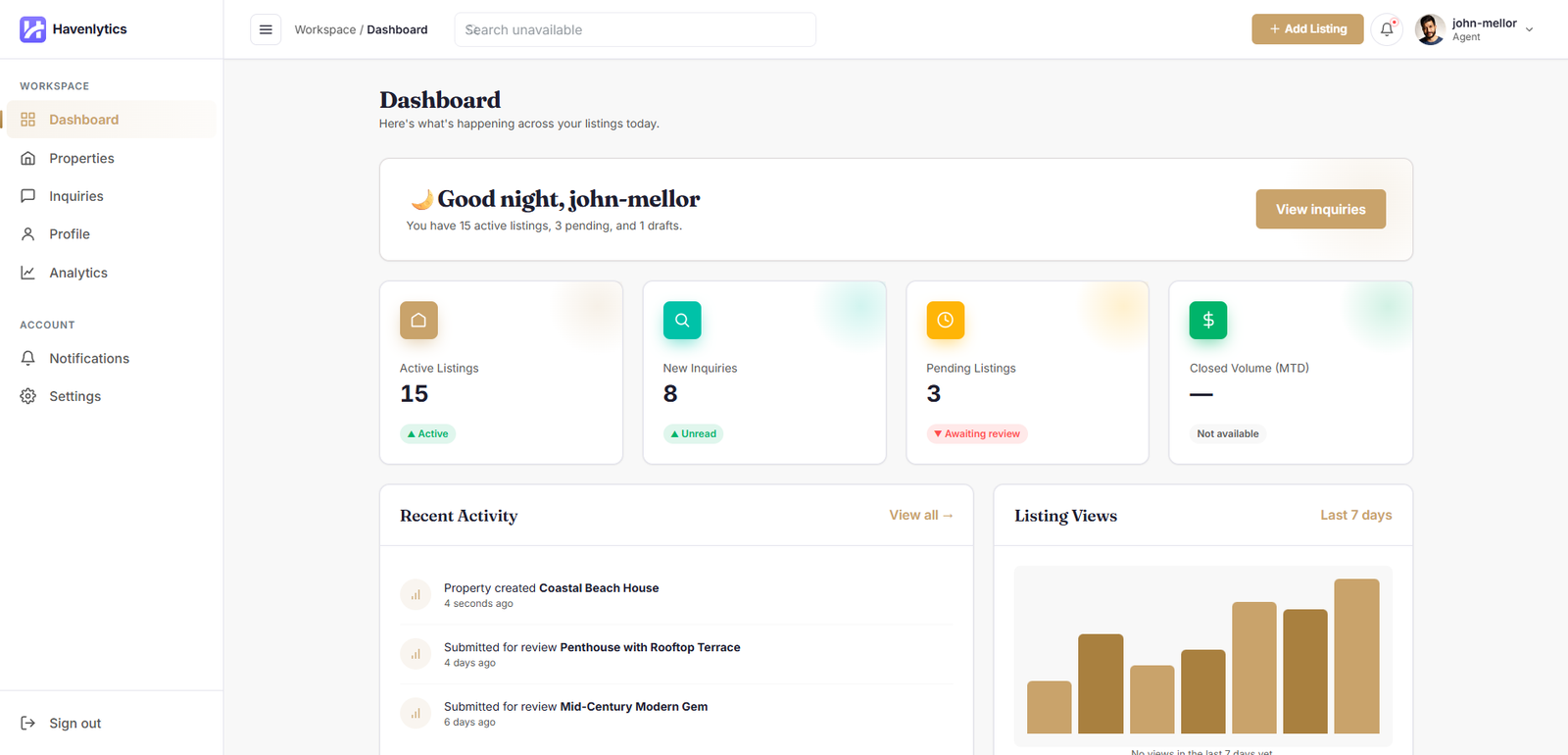 Havenlytics Agent Workspace dashboard for managing property listings, leads, inquiries, agent profiles, and real estate activities from the frontend.