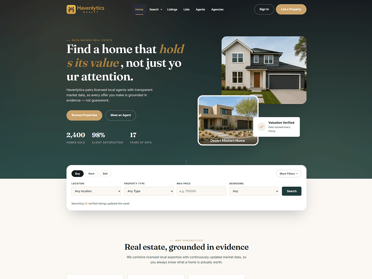 Havenlytics Realty homepage showcasing a modern WordPress real estate website with property listings and advanced search