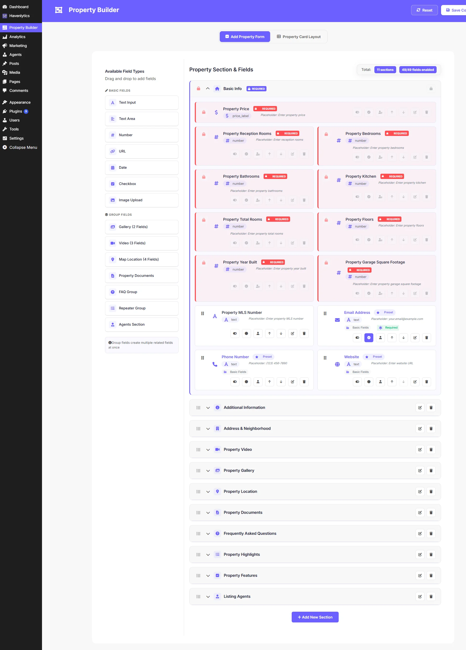 Havenlytics Property Builder showing the layout of a WordPress real estate listing page.