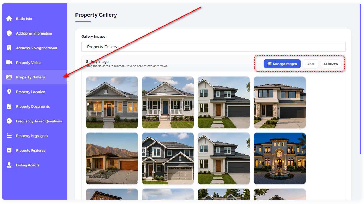 Havenlytics property gallery upload interface showing multiple listing images with drag-to-reorder controls.
