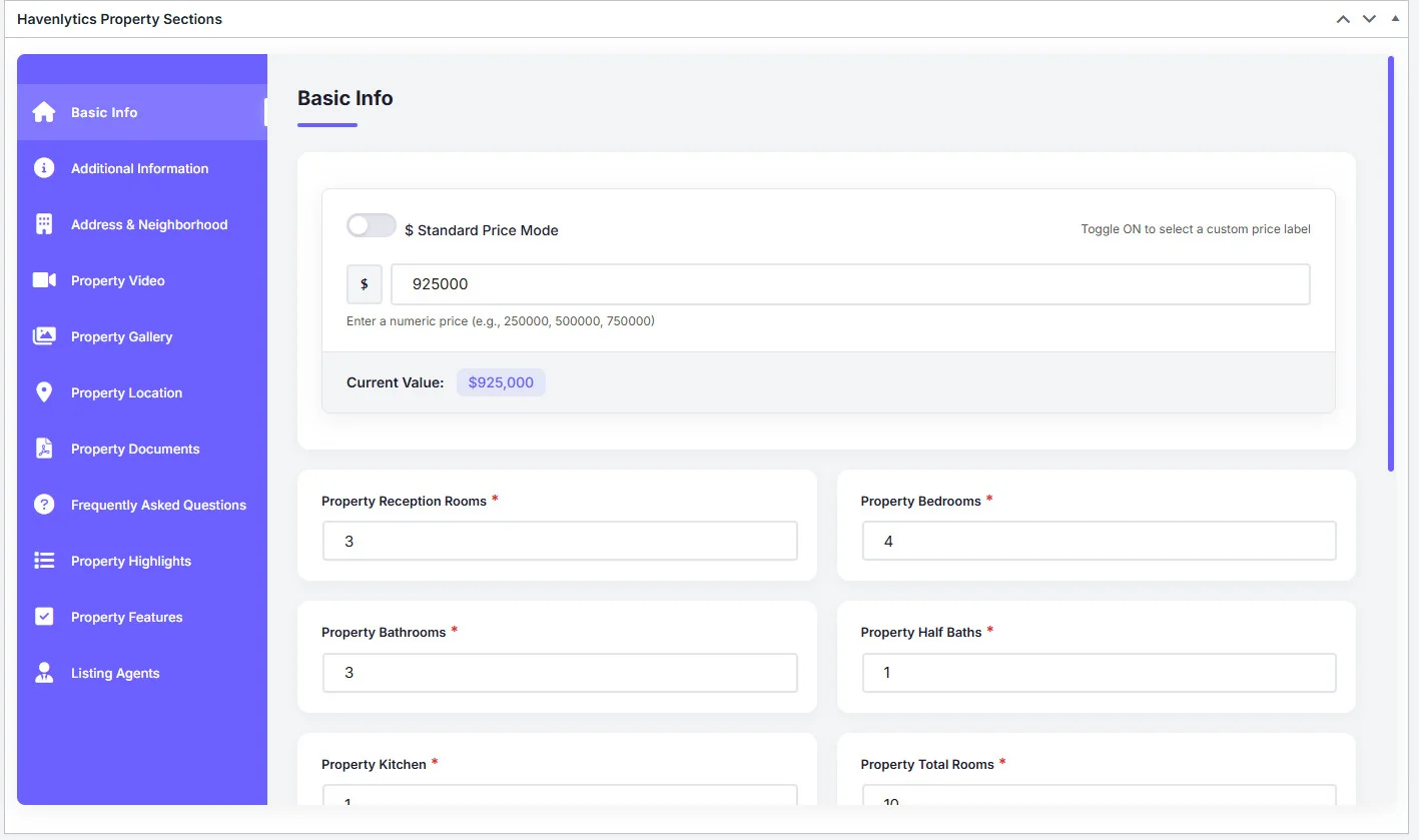 Havenlytics property listing editor showing fields for property title, price, location, bedrooms, bathrooms, and status.