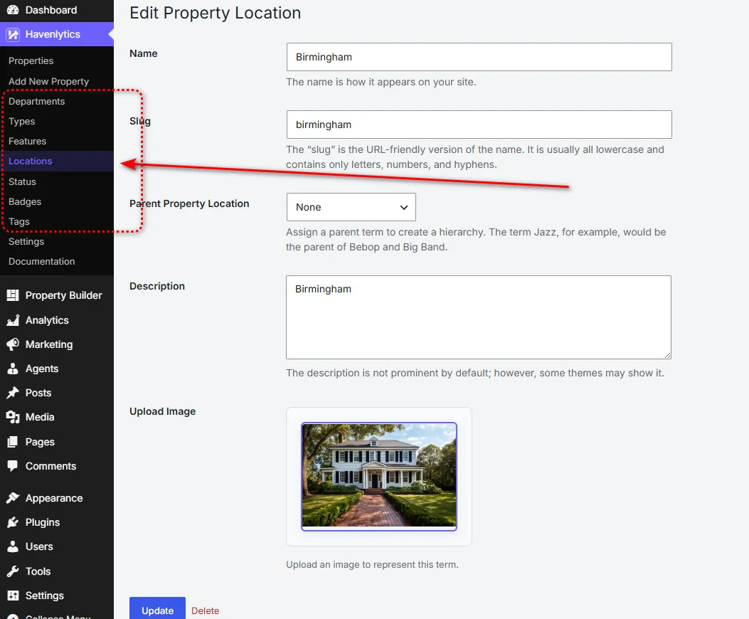 Havenlytics property taxonomy panel showing property type, status, location, and feature assignments.