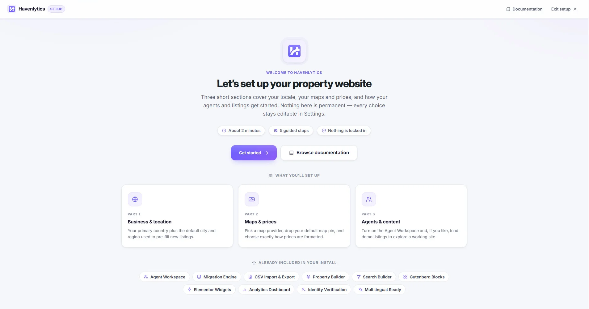 Havenlytics setup wizard in the WordPress dashboard showing the initial configuration steps for a real estate website.