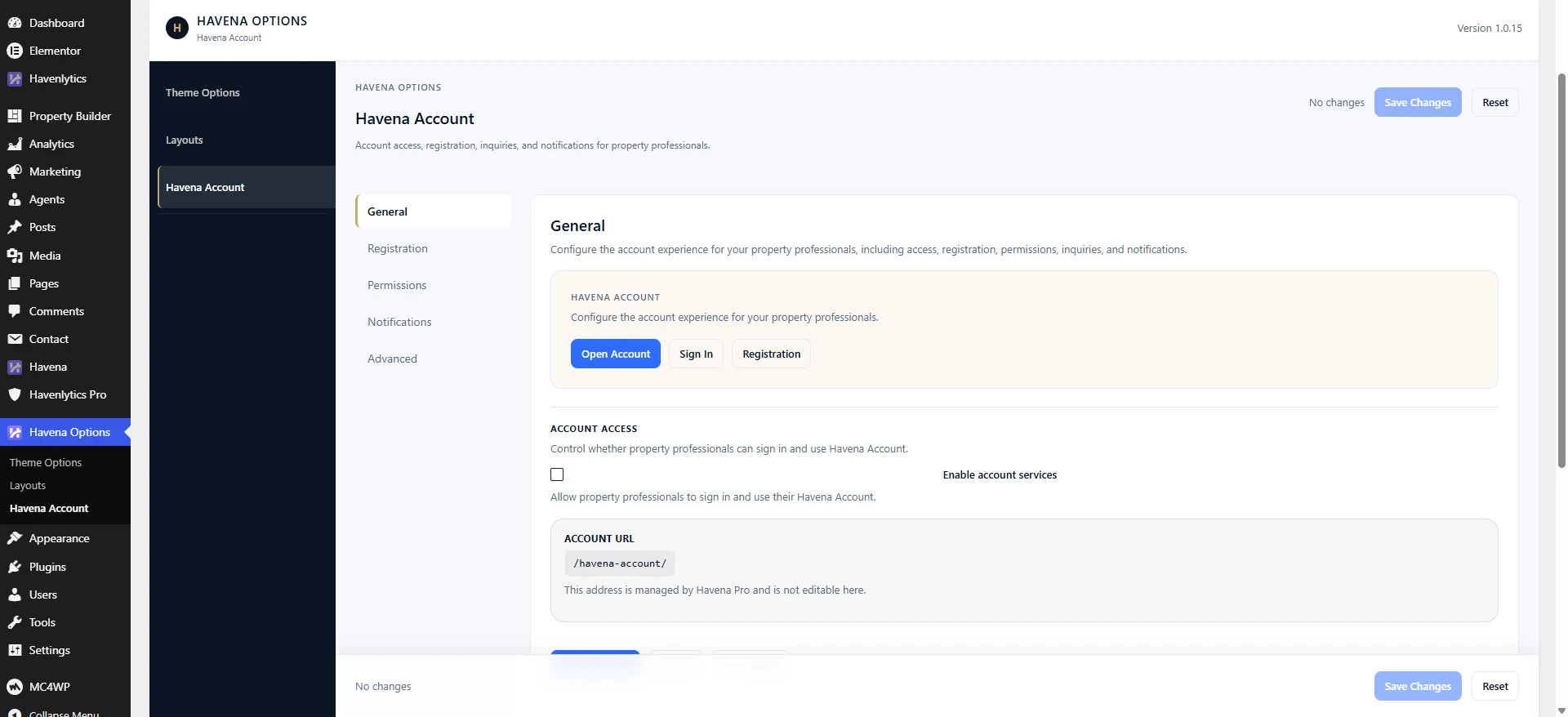 Havena Options Havena Account General tab with Enable account services and account URL.