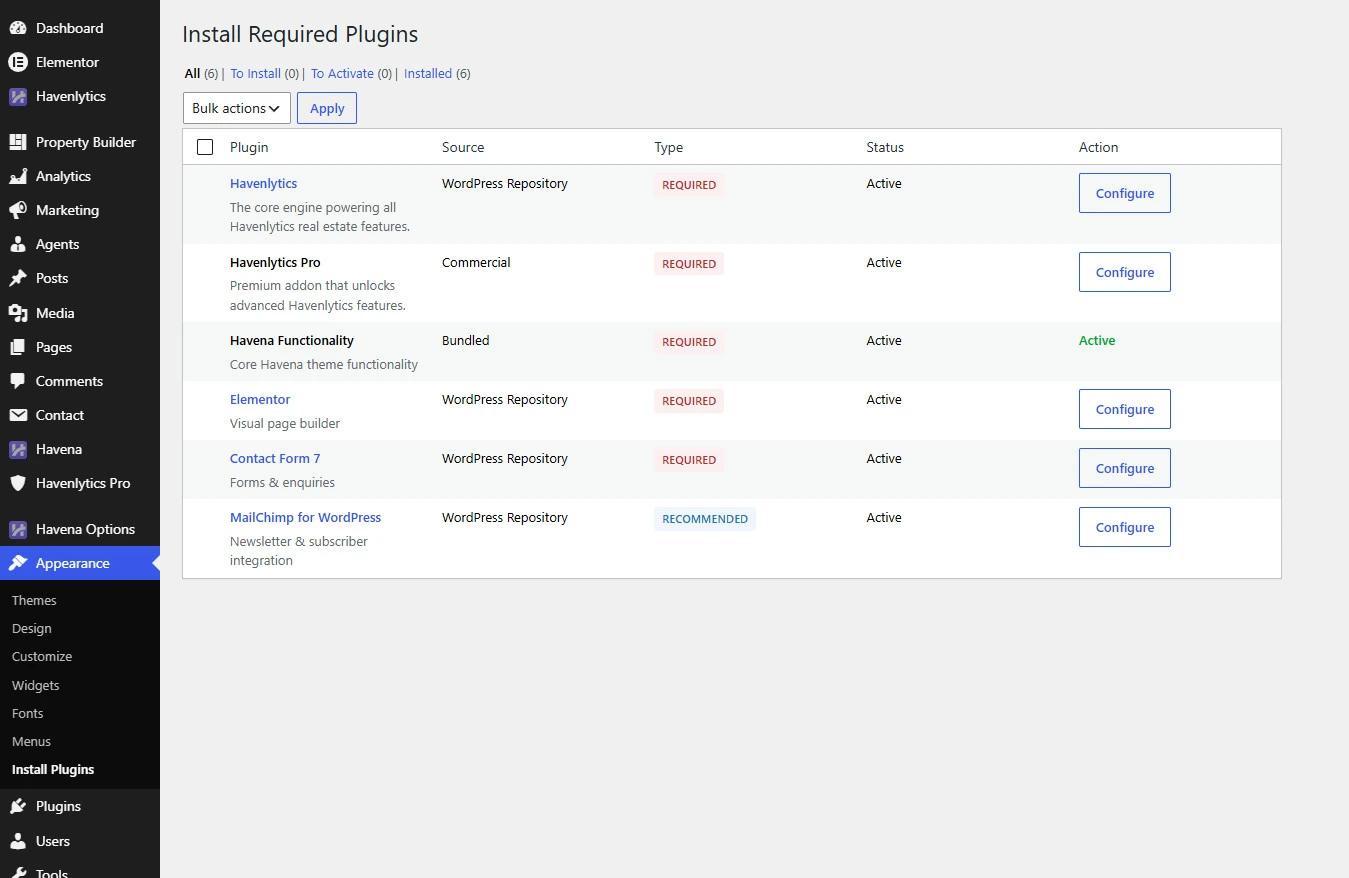Install Required Plugins page with the Havena registry rows.
