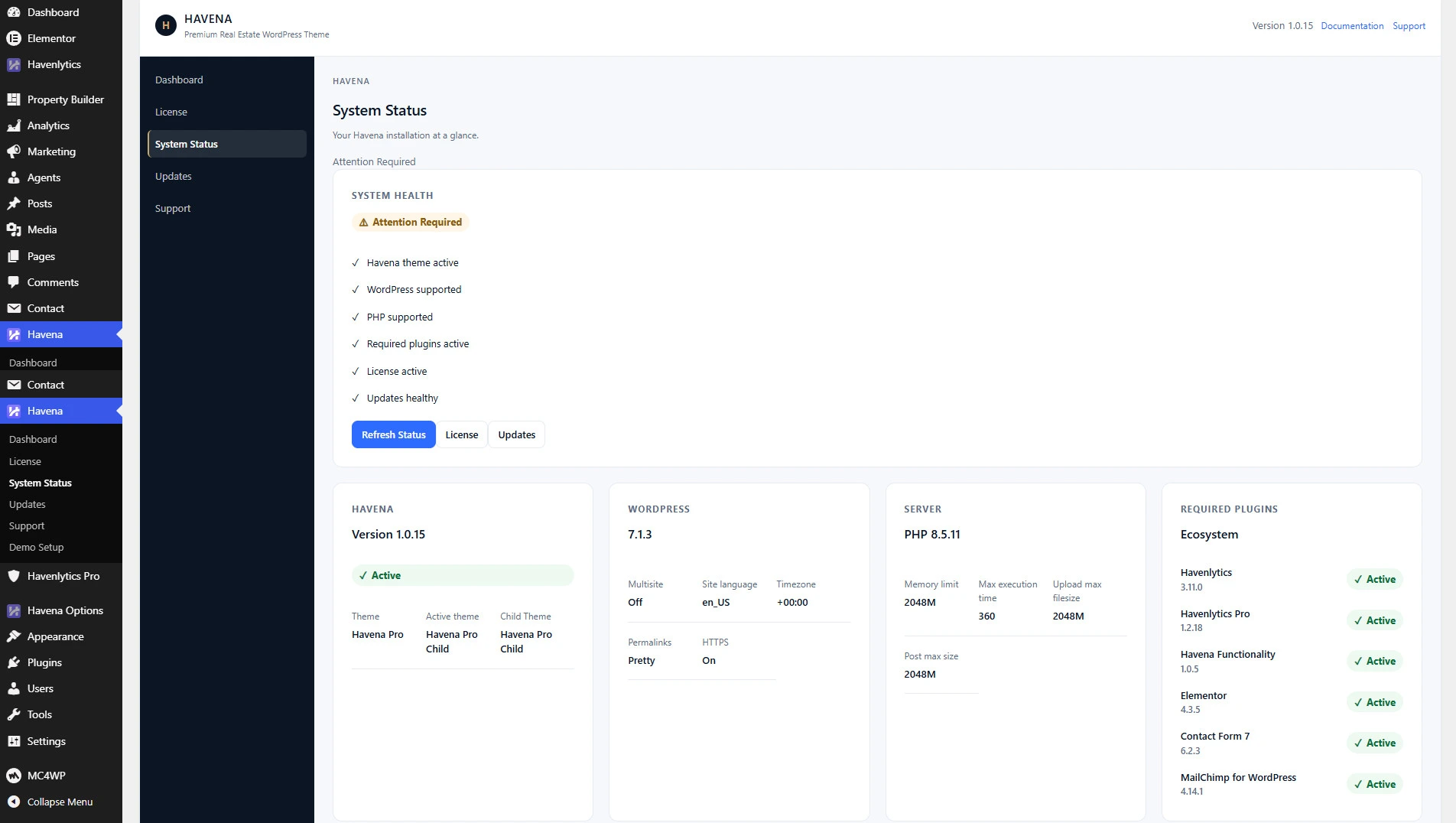 Havena System Status showing the update service state.