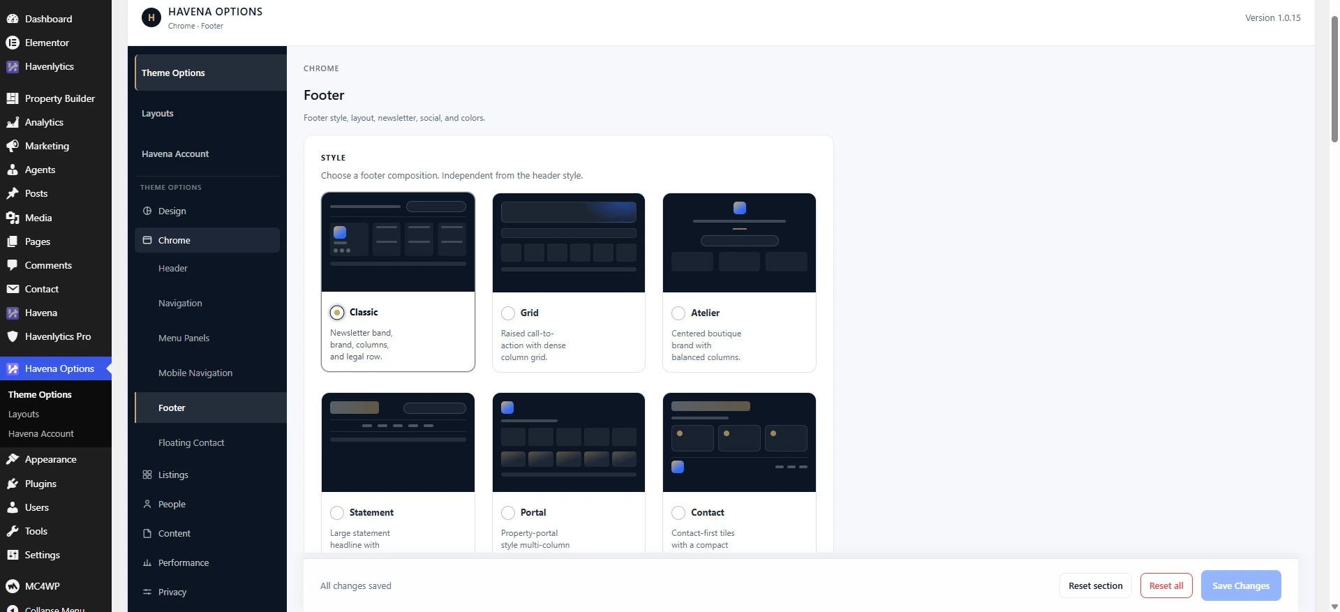 Footer style choices Classic, Grid, Atelier, Statement, Portal, and Contact.