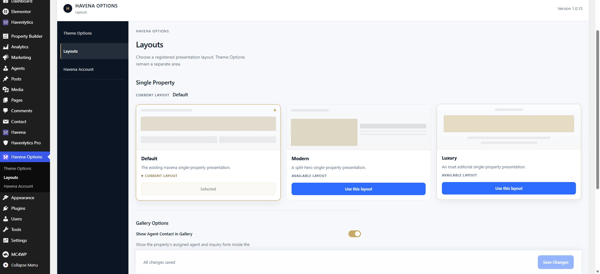 Default, Modern, and Luxury single-property layout cards in Havena Options Layouts.