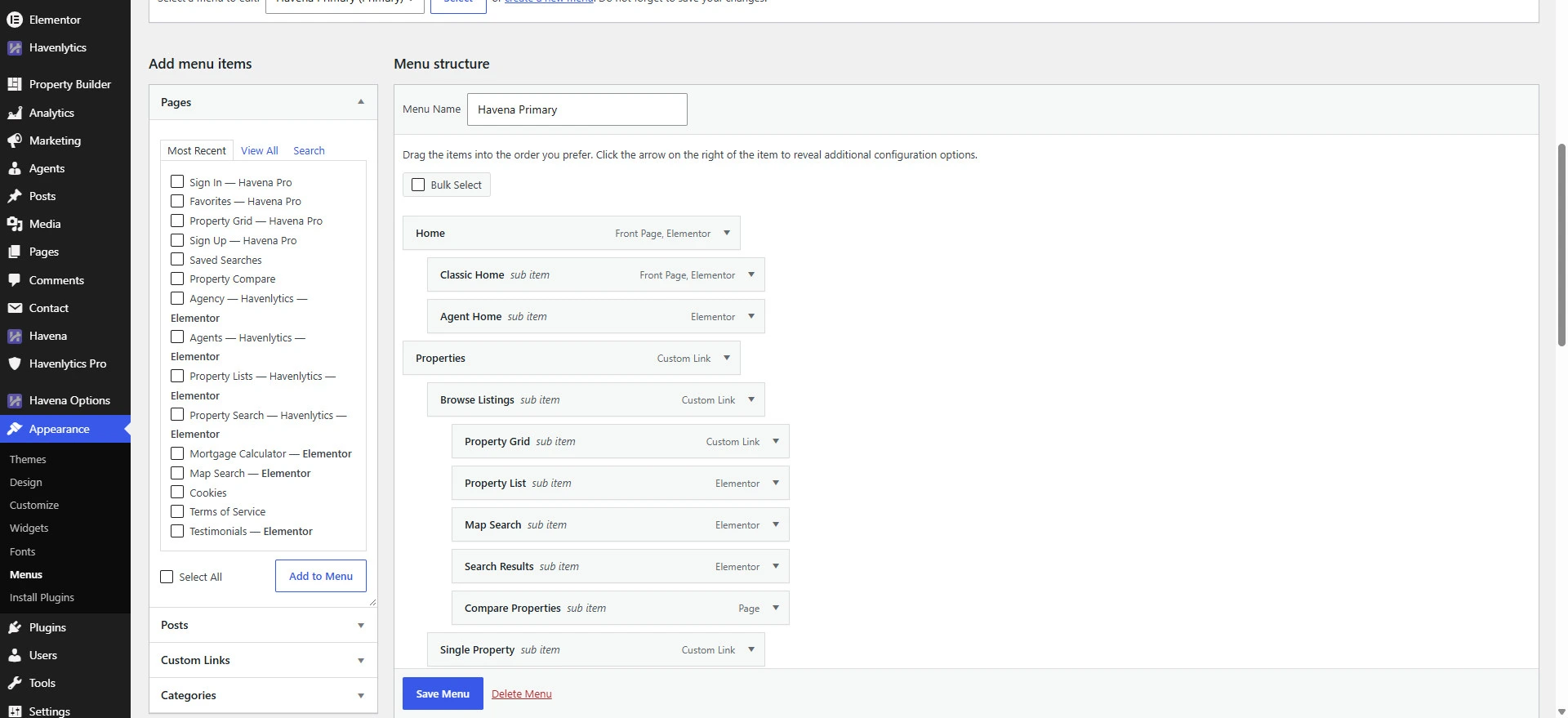 Appearance Menus with the Primary location checked.