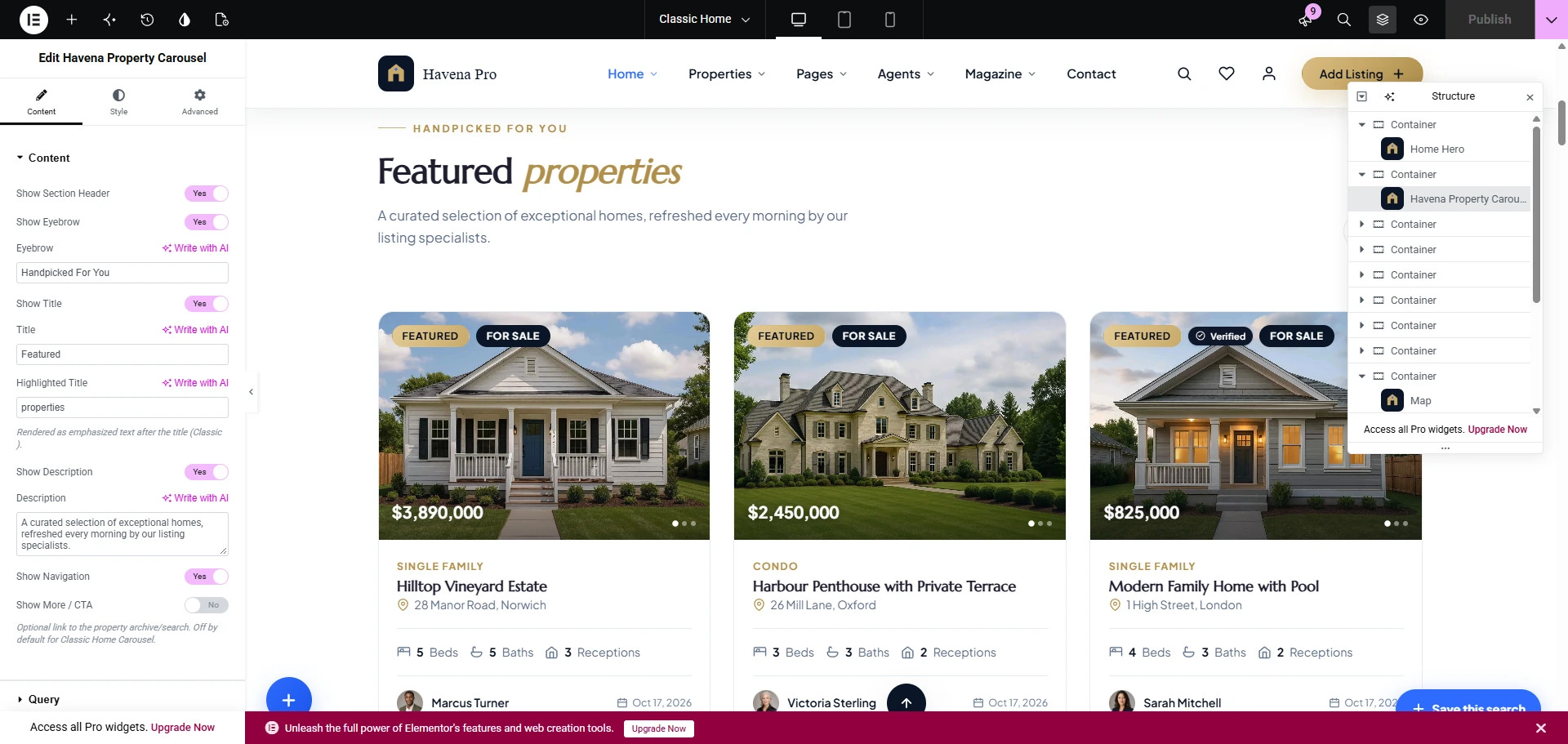 Elementor search result for Havena Property Grid.
