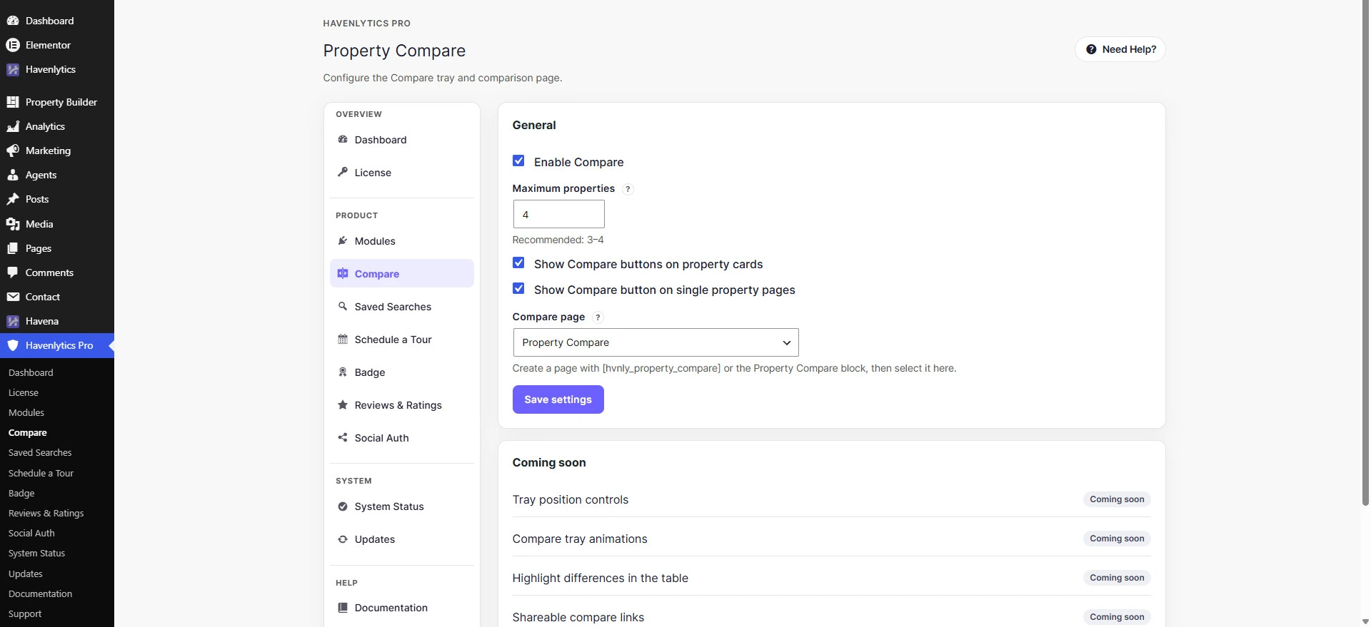 Compare General settings with Enable Compare and Compare page.