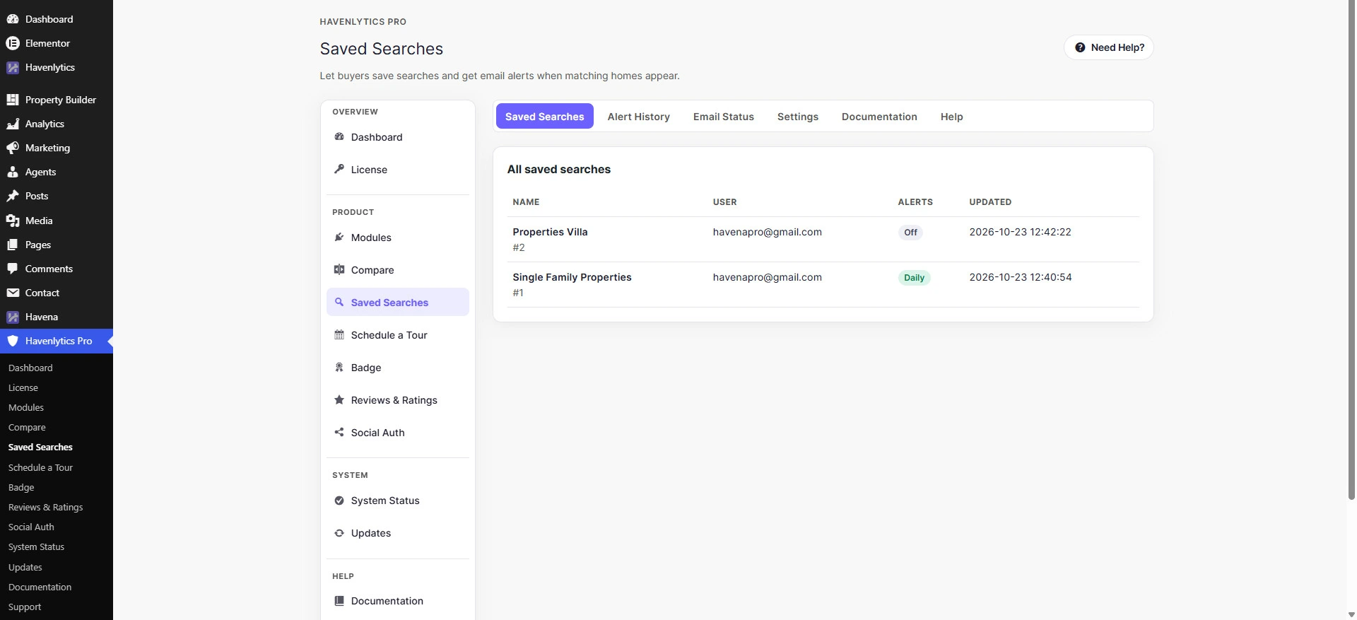 Saved Searches settings with Enable email alerts and Manage alerts page.