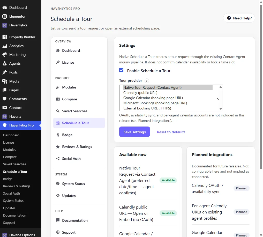 Schedule a Tour provider list with Native Tour Request and Calendly.