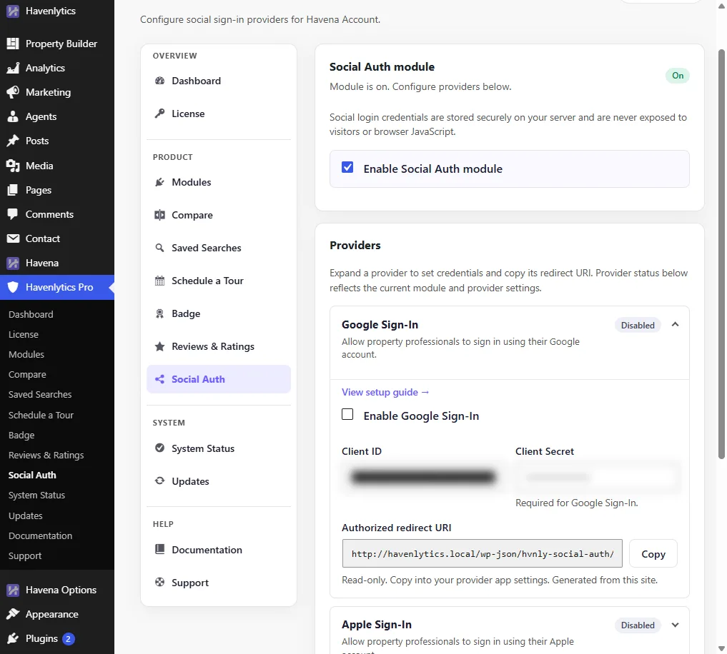 Google Sign-In fields for Client ID and Authorized redirect URI, with credential values hidden.