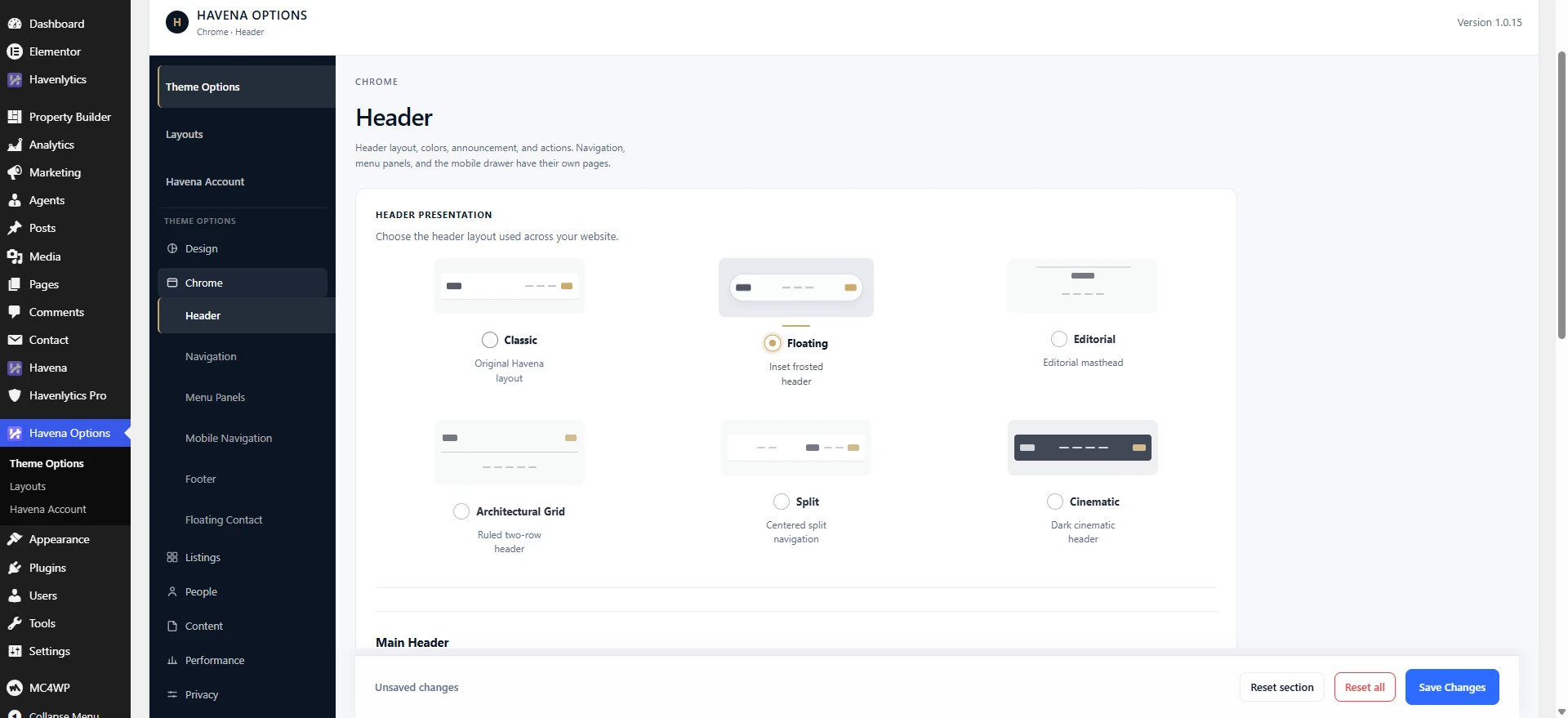 Havena Options Theme Options Header presentation with Classic, Floating, Editorial, Architectural, Split, and Cinematic layouts.